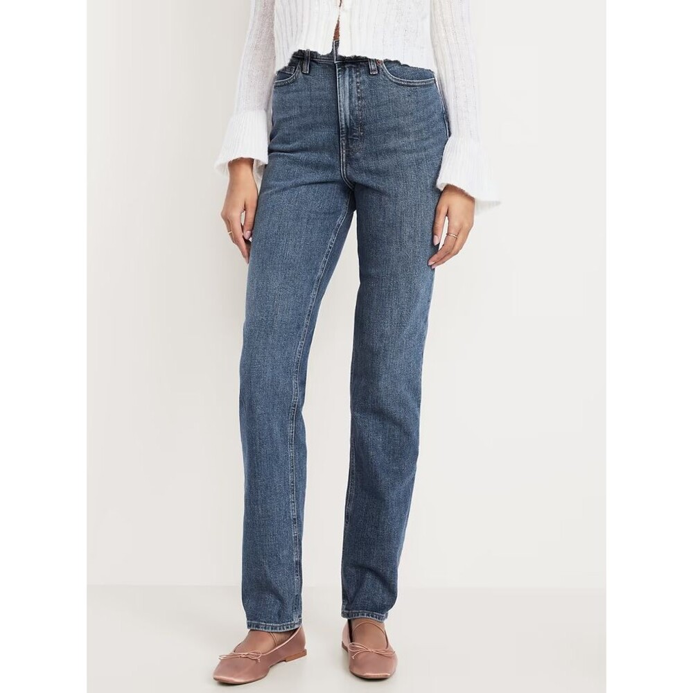 Old Navy Extra High Rise Straight Jeans Women 12 Blue Medium Wash Distressed NEW